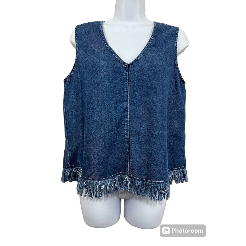 Women Western Denim Tank Top Sz Small Blue Fringe Sleeveless Festival Boho Rodeo